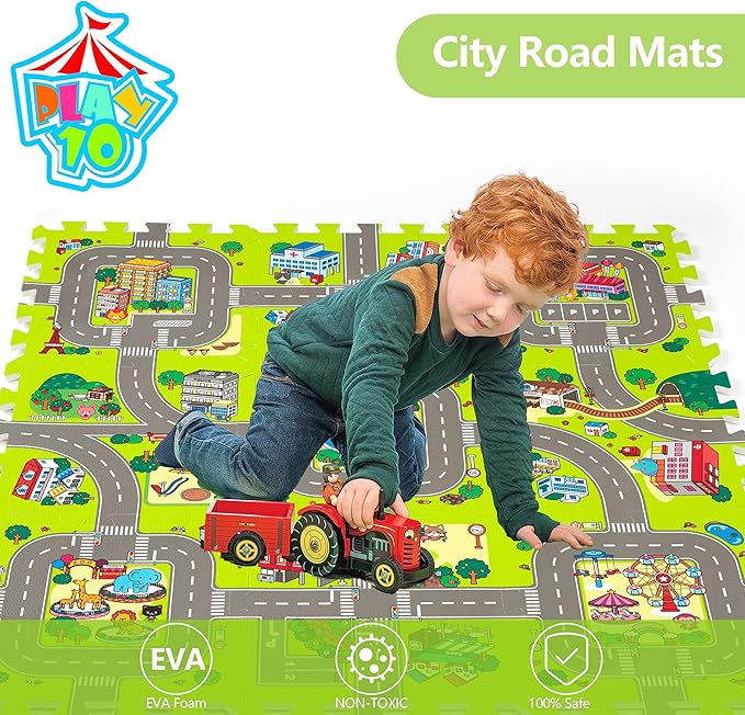Baby Play Mats for Floor, Foam Play Mat, Interlocking Foam Tiles City Road Track Puzzle Mat 9 Pieces