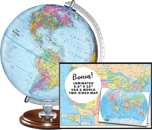 Replogle Student - Educational Classic World globe, Blue Ocean, Raised Relief feature, including a bonus map, made in USA, 12"/30cm diameter