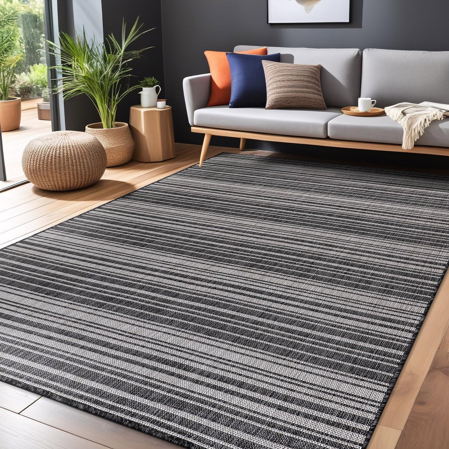 Stripe Outdoor Rug 9x12 Washable Outside Carpet for Indoor Patio Porch Waterproof Easy Cleaning Non Shedding Area Rugs Dark Gray 9 x 12
