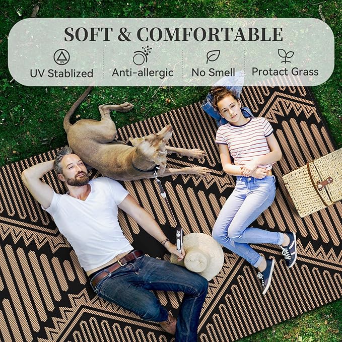 MontVoo Outdoor Rug-Waterproof Camping Rug Patio Rug Mat 6x9 Reversible Plastic Straw Outside Outdoor Rug for RV Camping Picnic Balcony Backyard Pool Deck Porch Modern Boho Black Brown