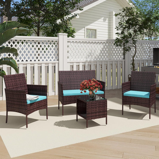 3 Piece Patio Furniture Set - Outdoor Conversation Sets with Coffee Table, Rattan Chair Set for Garden/Poolside, Brown/Green
