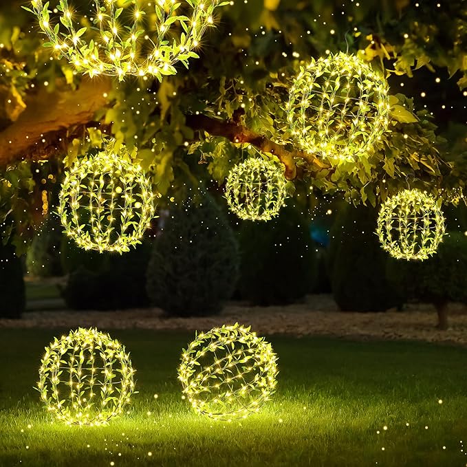 Flacchi Hanging Iron Sphere Lights with Artificial Greenery – 12Inch 120 LED Waterproof Outdoor/Indoor Decor Ball Light with Timer & 8 Modes – 2 Pack for Garden, Christmas, Weddings (Warm White)
