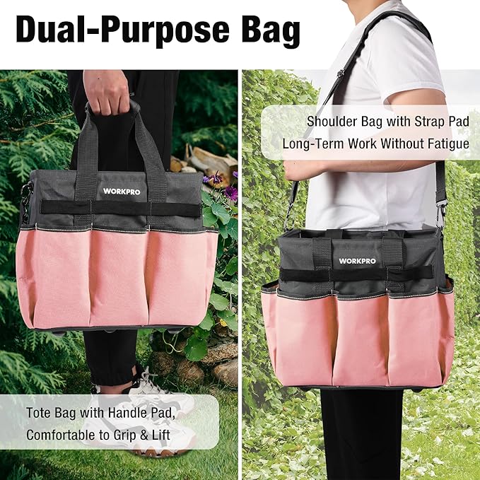 WORKPRO Garden Tool Bag, Heavy Duty Gardening Tote Bag Organizer with 10 Pockets and Long Adjustable Shoulder Strap, Standable Garden Home Tool Kits Organizer, Pink