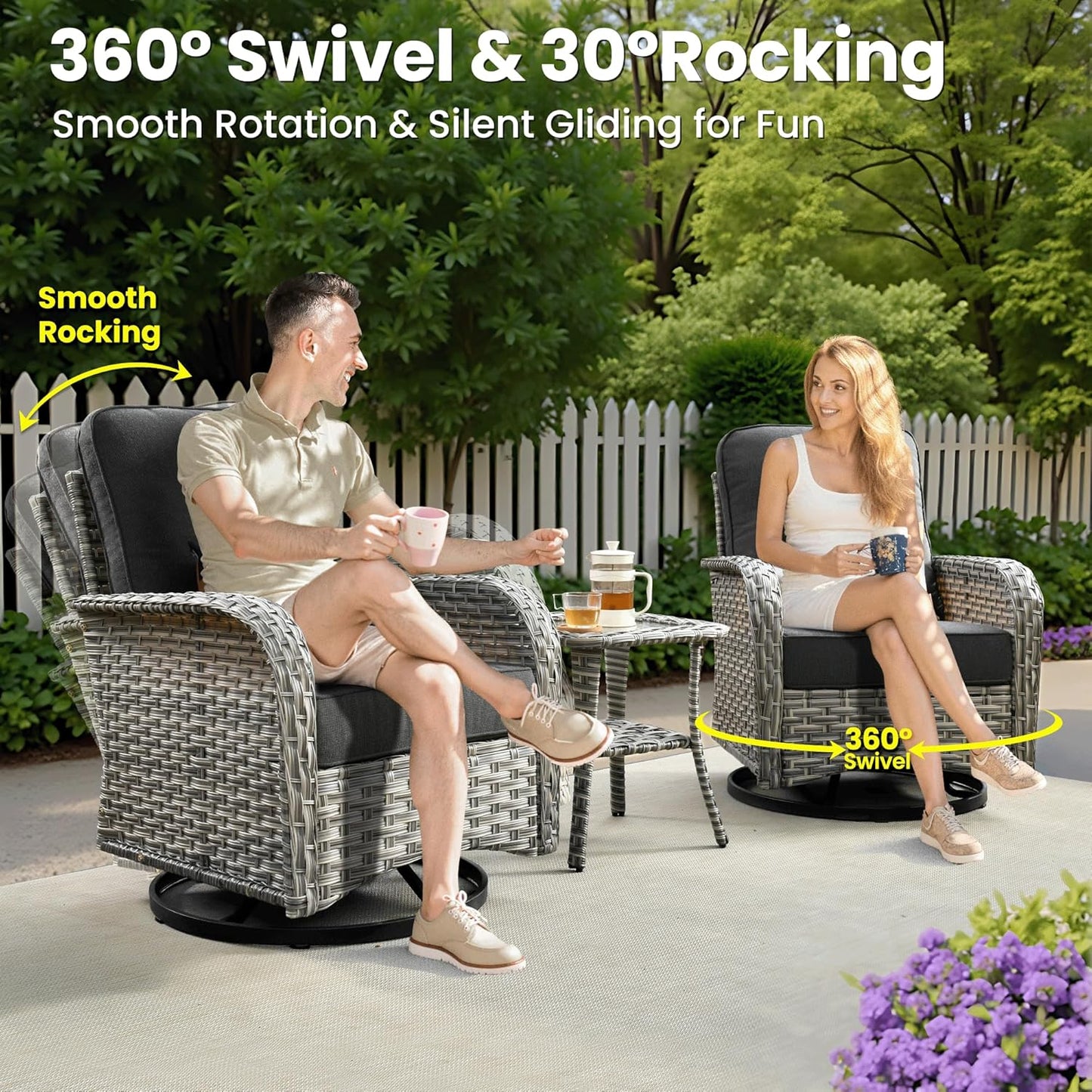 ovios 8 Pieces Patio Furniture Set Outdoor Sectional Sofa Couch with Rocking Swivel Chairs Deep Seat Chaise Comfy Cushions, Modern Modular Wicker Rattan Conversation Set, Black