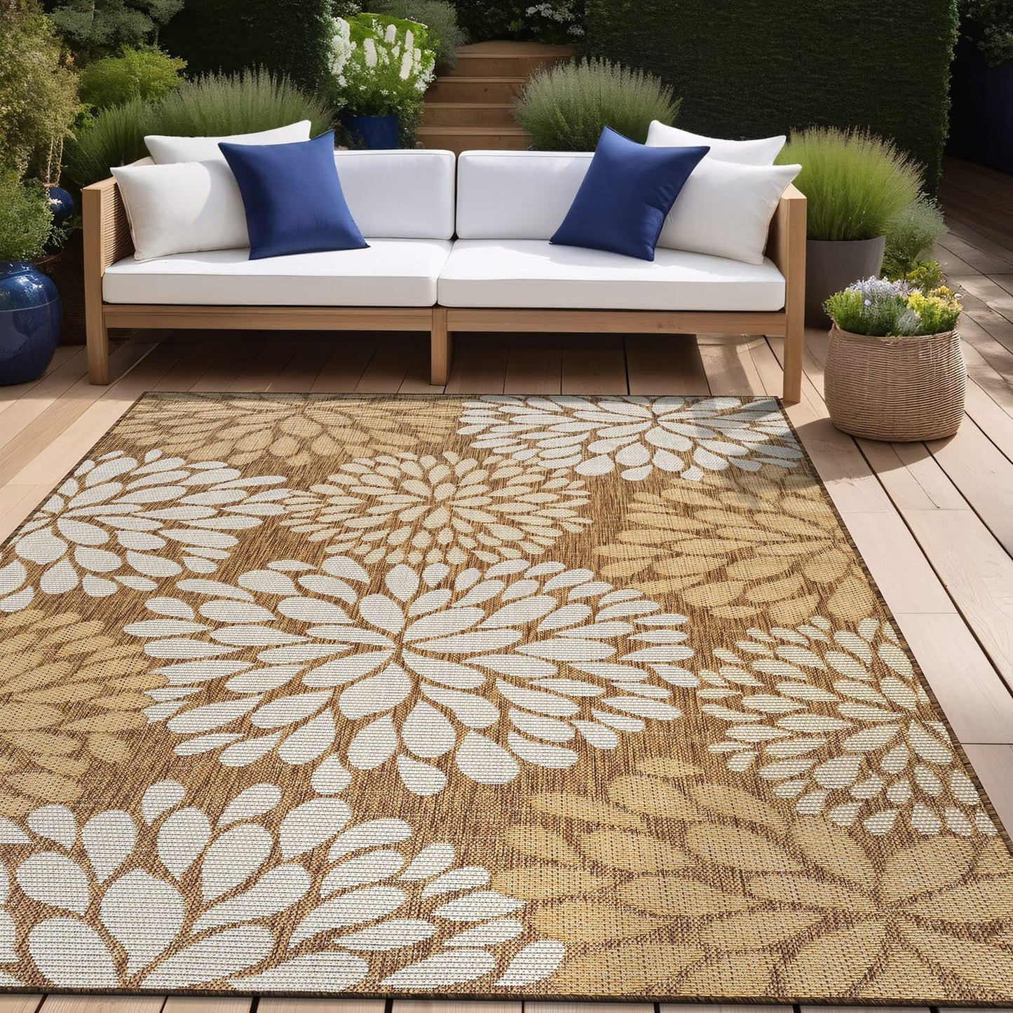 Beverly Rug Outdoor Rug 5x7 Modern Exotic Tropical Leaf Area Rugs for Indoor and Outdoor Patio Deck Porch Garden Water Resistant Washable Outside Carpet (5 x 7 Wooden)