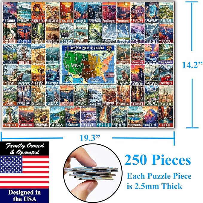 Think2Master Colorful Vintage USA National Park 250 Pieces Jigsaw Puzzle. Fun Educational Toy for Kids, School & Families. Great Gift for Ages 8+ Great Gift for Interested in Traveling. 14.2” X 19.3”