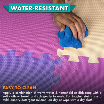 ProSource Foam Puzzle Floor Play Mat for Kids and Babies with Solid Colors, 36 or 16 Interlocking Tiles with Borders, Pink/Purple/Beige