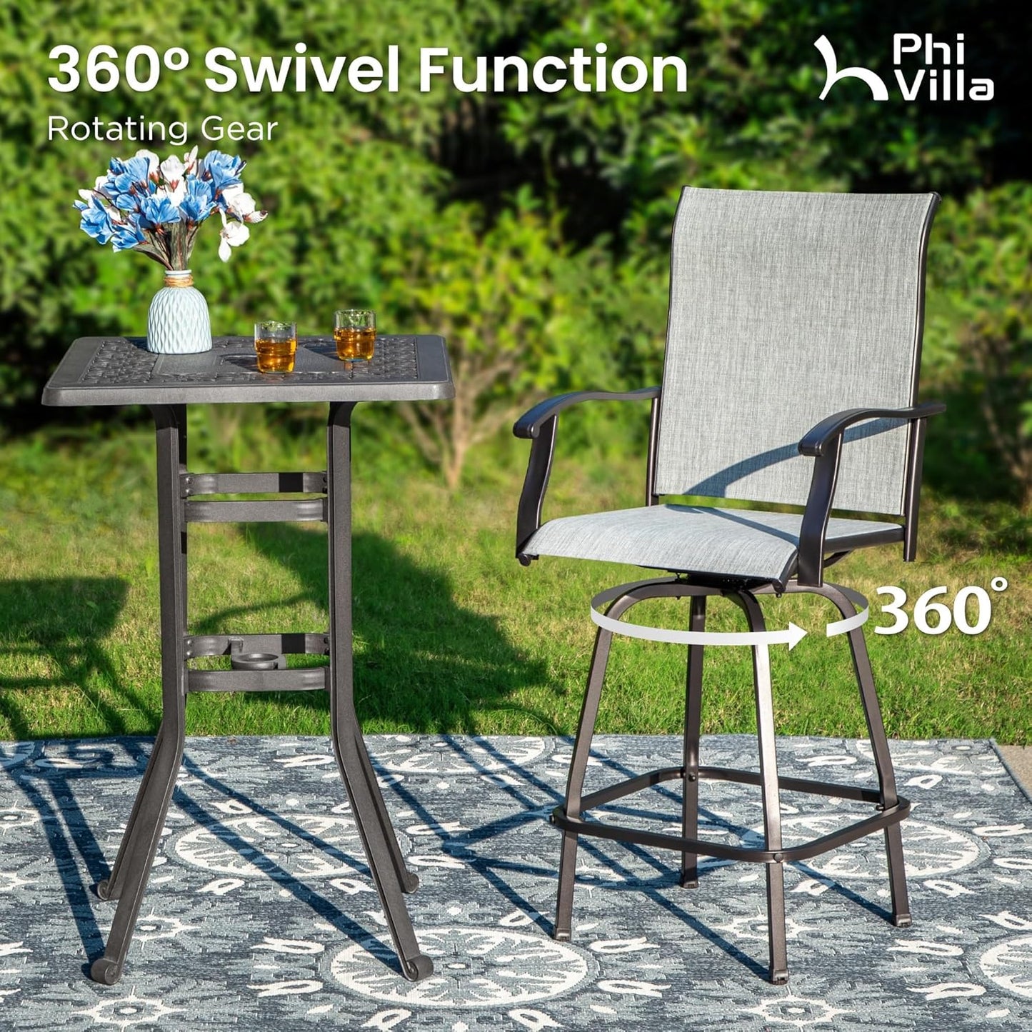PHI VILLA Outdoor Swivel Patio Bar Stools Set of 2, 30 Inch Bar Height Tall Patio Chairs with Back & Armrest, Durable Textilene Fabric in Grey for Deck Lawn Garden