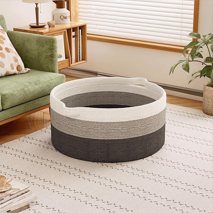 125L Extra Large Blanket Basket, 25" x 16", Jumbo Laundry Woven Baskets Decorative Home, Cotton Rope Basket with Handles, Baby Toy Baskets for Storage, Gradual Gray