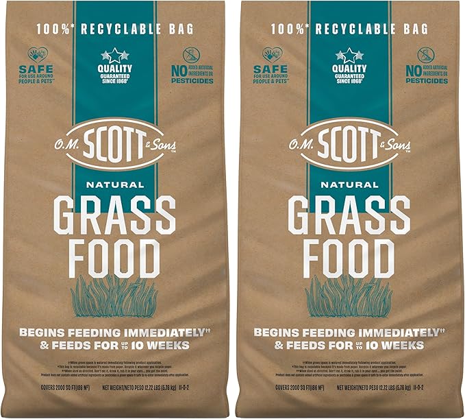 O.M. Scott and Sons Natural Grass Food, Food for Lawns, Fertilizes for up to 10 Weeks, Covers up to 2,000 sq. ft., 12.72 lbs., 2-Pack
