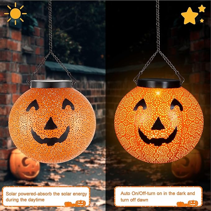 Halloween Solar Lantern Hanging Pumpkin Lights Outdoor Decoration - Solar Powered Lantern Lights Waterproof LED Decorative Lights for Porch Backyard Garden Tree Indoor Orange Halloween Lights Decor