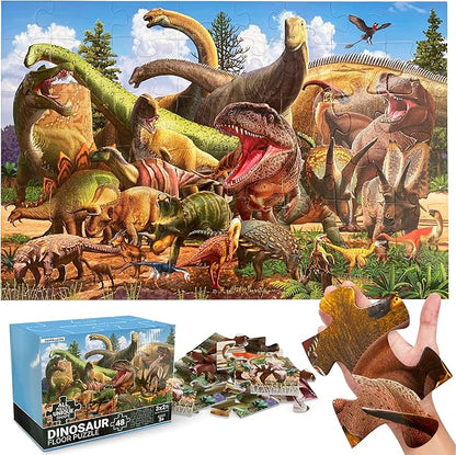 48 Piece Jumbo Dinosaur Floor Puzzle - Large Size (3 x 2 ft) - All Pieces Unique Shape - 25 Realistic Dinos Illustration - Gifts for Boys Girls Toddlers Kids Ages 3-5 2-4 4-6 Year Old
