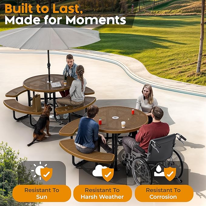 Metal Picnic Tables for Outdoors with Umbrella Hole - Coated Steel Heavy Duty Commercial Grade Table with Adjustable Seats (Brown, 46 in, Round, Expanded Steel)