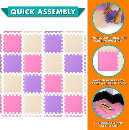 ProSource Foam Puzzle Floor Play Mat for Kids and Babies with Solid Colors, 36 or 16 Interlocking Tiles with Borders, Pink/Purple/Beige