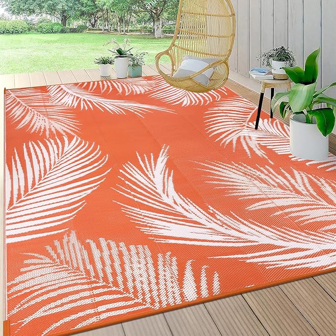 Pauwer Waterproof Outdoor Rug 8x10, Reversible Plastic Straw Patio Camping Rug, Indoor Outdoor RV Mat Carpet for Deck, Camper, Porch, Balcony, Backyard, Picnic, Leaf Orange