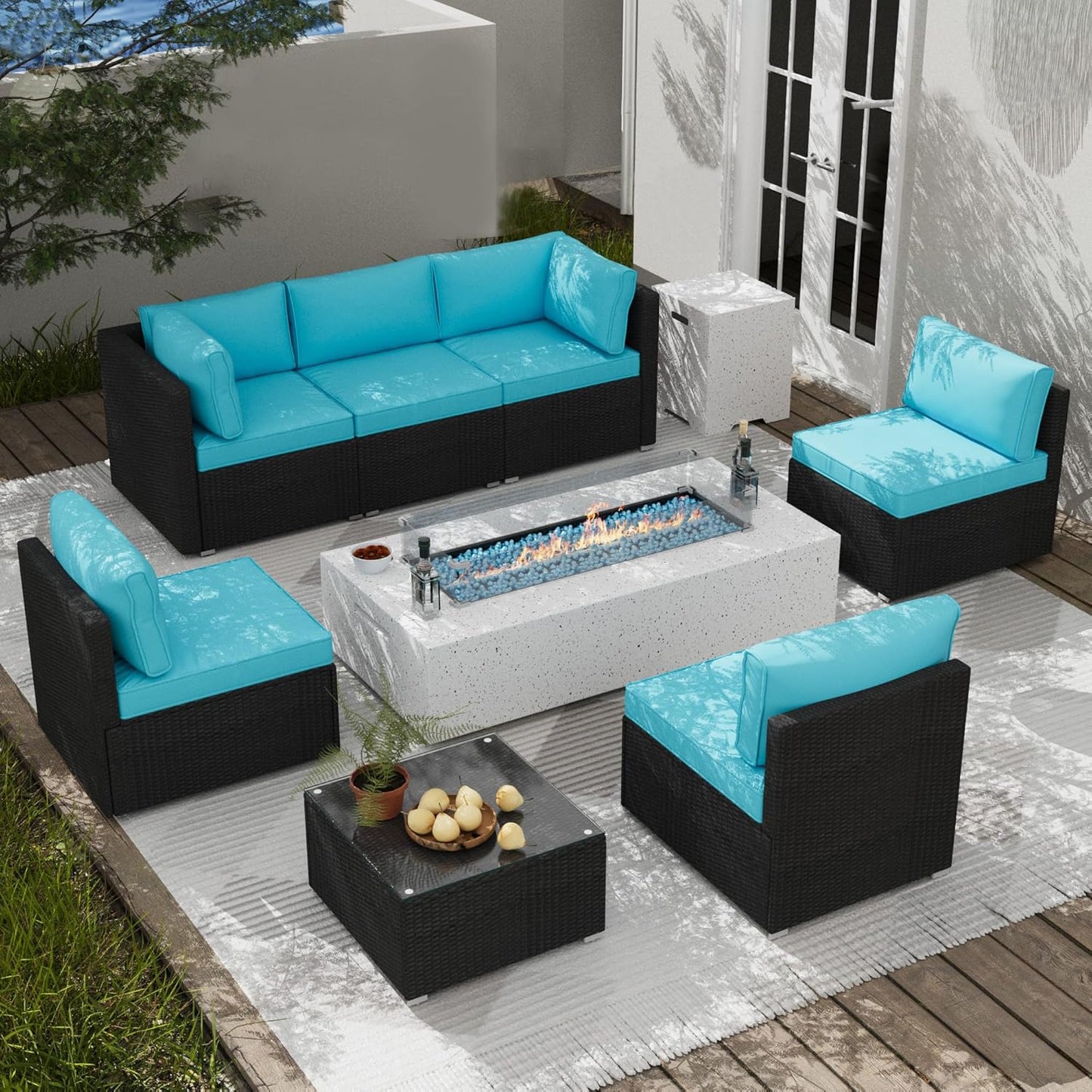 8 Piece Patio Furniture Set - Outdoor Conversation Sets with 56" Fire Table and Coffee Table, Rattan Modular Sofa Set for Garden/Poolside, Blue/Black