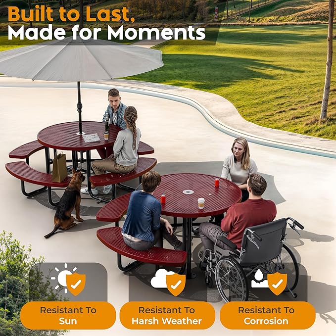 Metal Picnic Tables for Outdoors with Umbrella Hole - Coated Steel Heavy Duty Commercial Grade Table with Adjustable Seats (Red, 46 in, Round, Punched Steel)