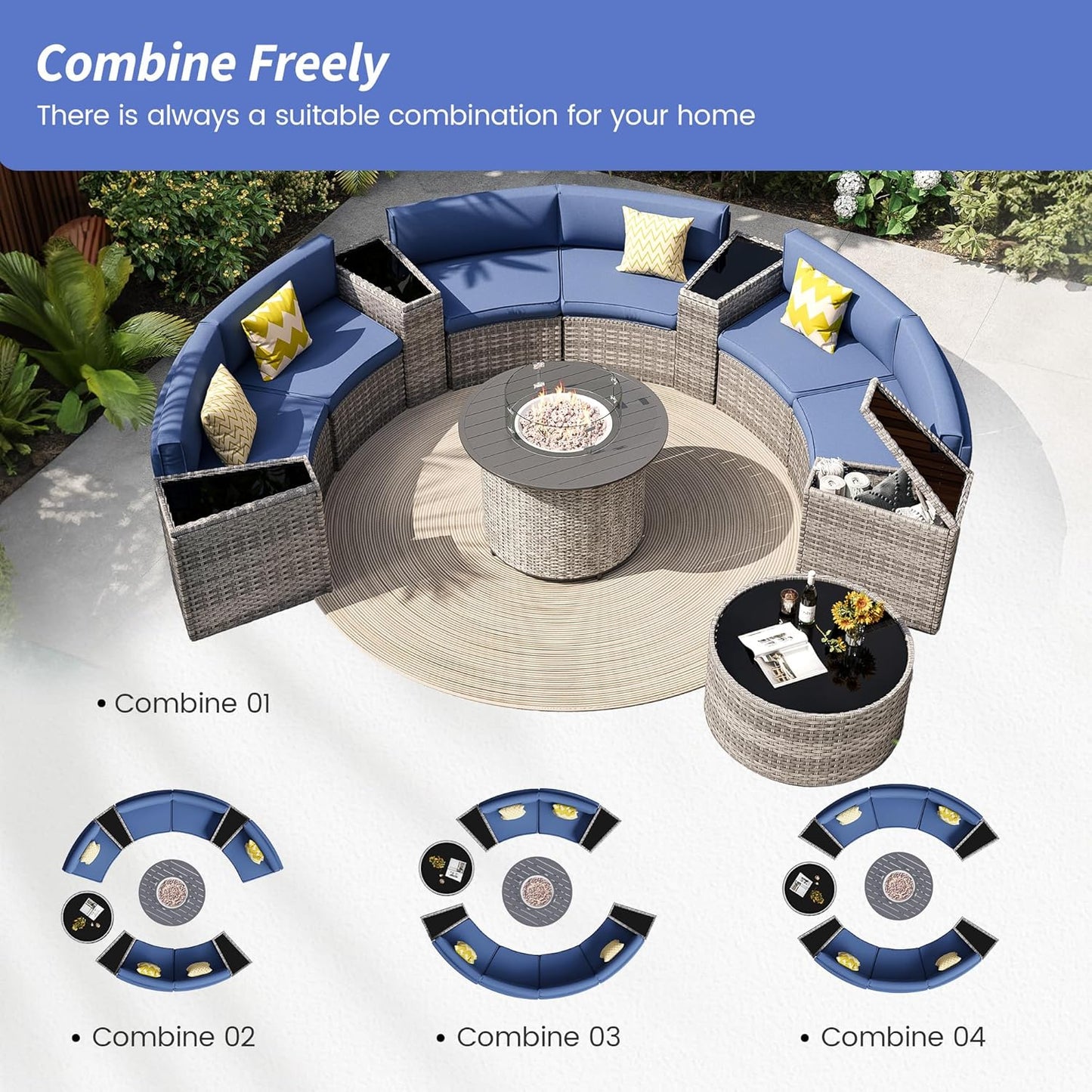 Patio Sectional Furniture Outdoor 12-Piece Grey Rattan Curved Sofa Set with Fire Pit Table,Storage Table,Pillows,Fit for Pool Backyard Balcony Porch Lawn (Navy)