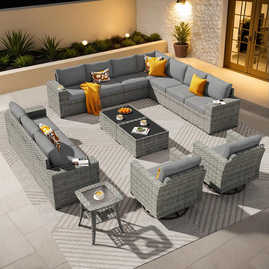 ovios 15 Pieces Patio Furniture Set, Outdoor Wicker Sectional Sofa with Swivel Chairs Coffee Table, Modern Modular Deep Seat Rattan Couch Conversation Sets, Dark Grey