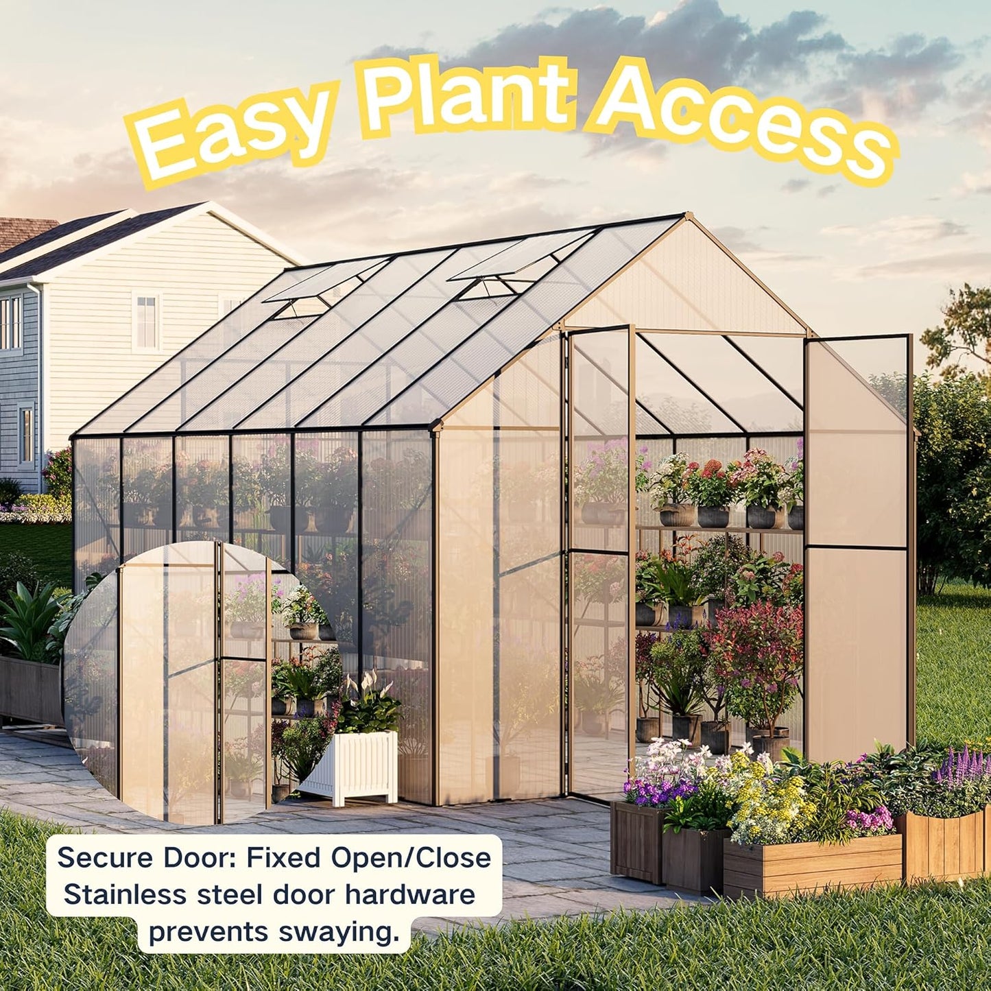 Kingdura 8x12ft Walk-in Greenhouse for Outdoors, Large Polycarbonate Greenhouses with Heavy Duty Aluminum Frame, Adjustable Roof Vent, Lockable Door, UV Protection for Outside Garden Backyard