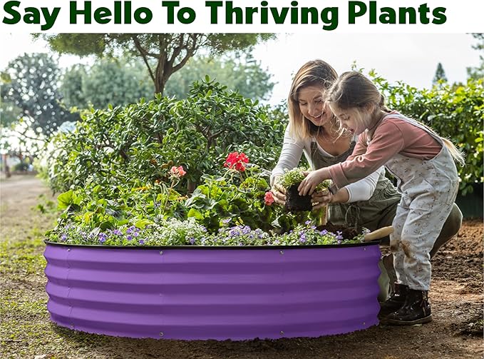 Round Galvanized Raised Garden Bed // 4×4×1 ft Galvanized Raised Garden Beds Outdoor for Gardening, Vegetables, Flowers // Patented Tool-Free Design Round Planter (Purple)
