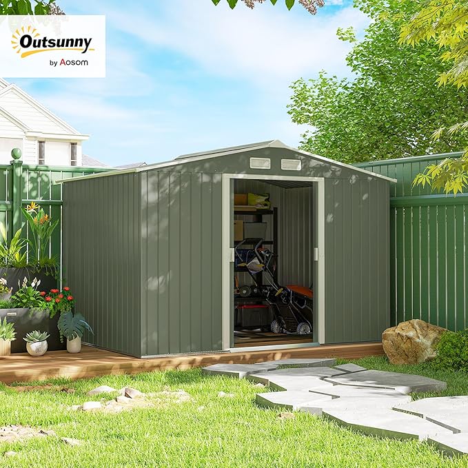 Outsunny 9' x 6' Outdoor Storage Shed, Garden Tool Metal Shed with Foundation Kit, Double Lockable Door, Air Vents and Sloping Roof, for Backyard, Patio, Lawn, Green
