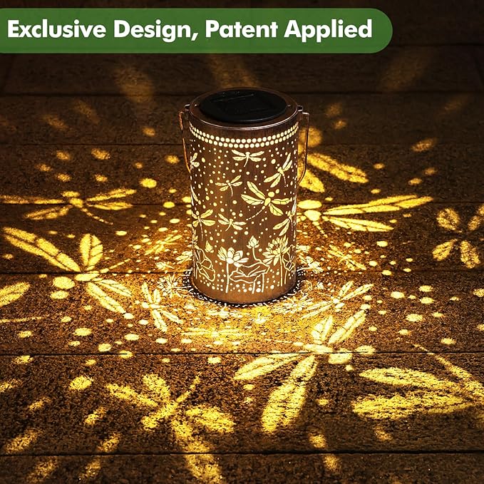 Fabuday Dragonfly Lotus Outdoor Solar Lantern Waterproof 2 Pack - Hanging Solar Power Lights Led for Outside, Garden Decor for Patio, Porch, Balcony, Yard and Deck, Gardening Decoration Gift for Women