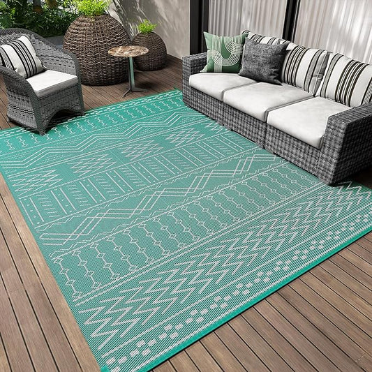 Outdoor Rug Carpet Waterproof 6x9 ft Patio Rug Mat Indoor Outdoor Area Rug for RV Camping Picnic Reversible Lightweight Plastic Straw Outside Rug for Patio Decor Decoration Boho Rug Turquoise White