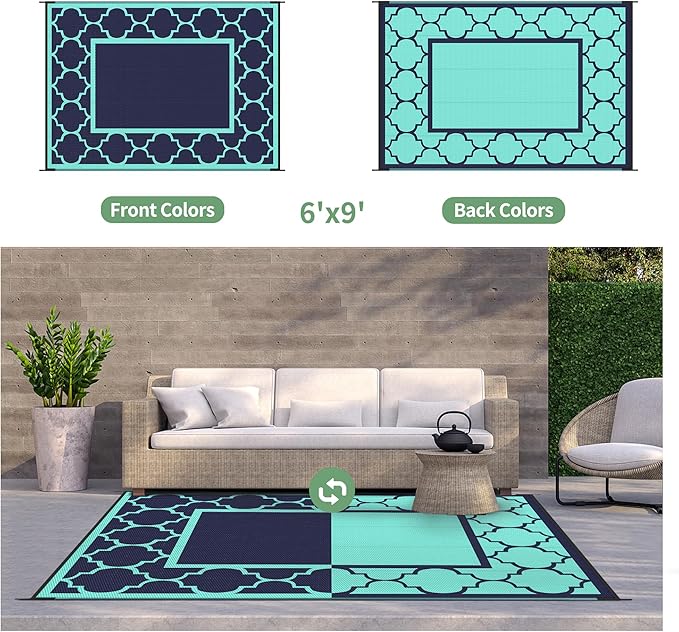 GENIMO 6' x 9' Outdoor Rug Waterproof for Patio Decor, Foldable Reversible Plastic Straw Area Rugs Mat for Camper, Outside Carpet for Rv, Deck, Porch, Picnic, Beach, Balcony, Navy Blue & Jade Green