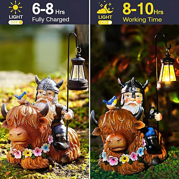 Garden Gnome Outdoor Statue 12 Inch Highland Cow Gnomes Decorations for Yard Patio Lawn Porch Birthday Gifts for Women Men, Mother’s Day, Housewarming with Solar Light Funny Decor for Outside
