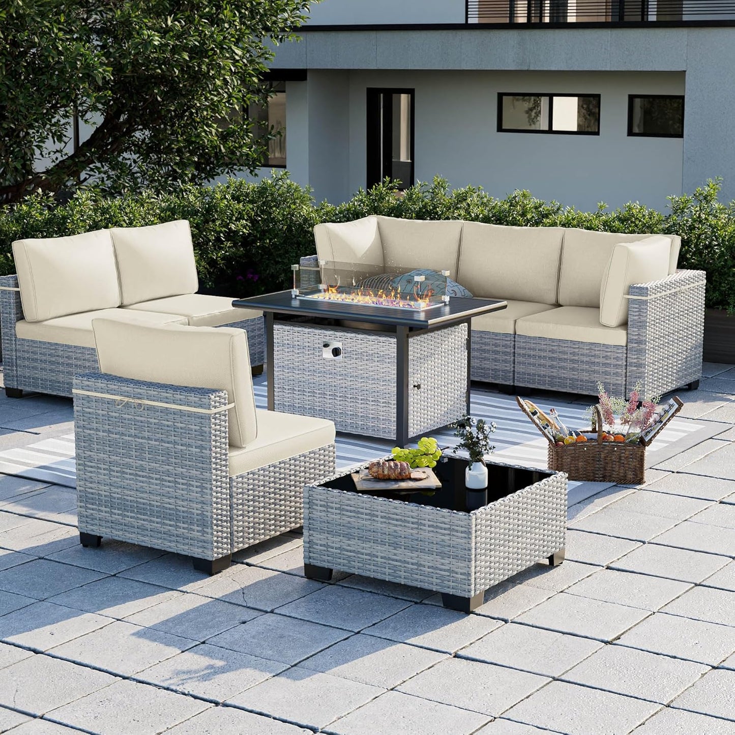 8-Piece Patio Furniture Set, Outdoor Patio Furniture with 55,000 BTU Fire Pit Table, Thick Cushions, Modular Patio Sofa, Dual-Strand Wicker Rattan, Rust-Resistant Frame, Ivory