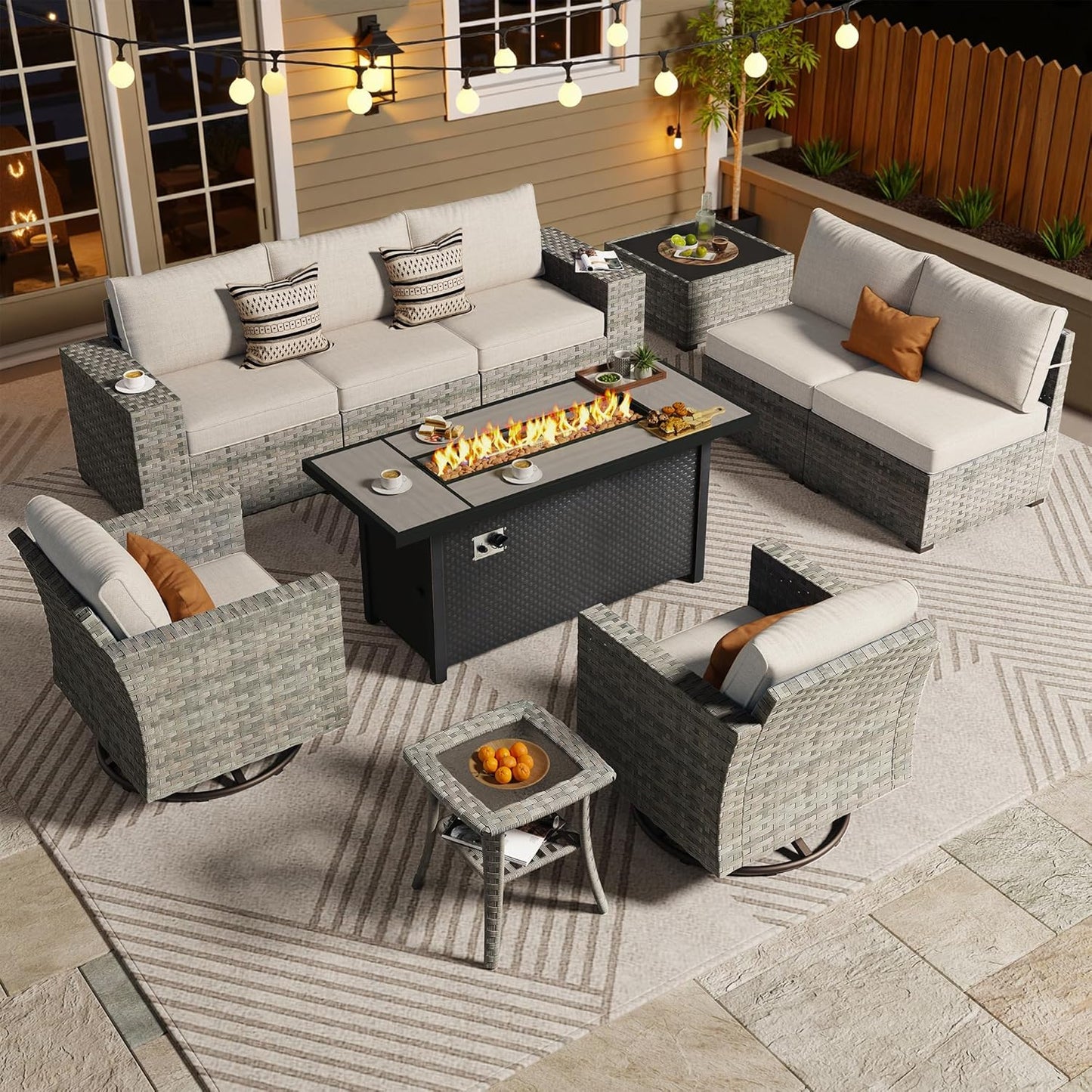 ovios 10 Pieces Patio Furniture Set, Outdoor Wicker Sectional Sofa with 54" Fire Pit Table Swivel Chairs, Modern Modular Deep Seat Rattan Couch Conversation Sets, Beige