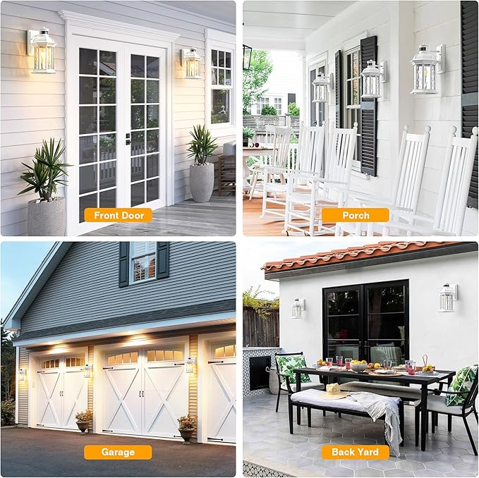 VIANIS 2-Pack Motion Sensor Outdoor Lights for House, White Garage Light Wall Mount Lantern, Modern Exterior LED Wall Lights Fixtures with Ripple Tempered Glass, Outside Wall Sconce Lamp for Porch