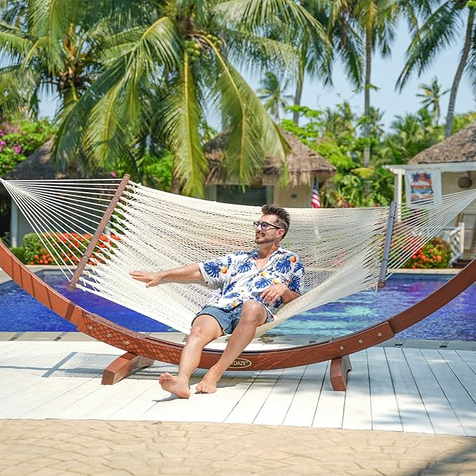Lazy Daze Hammocks 10.5 FT Double 2 Person Caribbean Rope Hammock, Hand Woven Polyester Hammock with Spreader Bars, for Outside Outdoor Backyard Patio Poolside,450 LBS Capacity, Cream