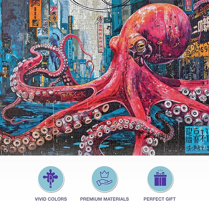 Cross & Glory - Octopus City: Neon Overlord - 1000 Piece Jigsaw Puzzle for Adults | Cyberpunk Artwork Puzzle | Best New Futuristic Puzzle | Unique Brain Teaser