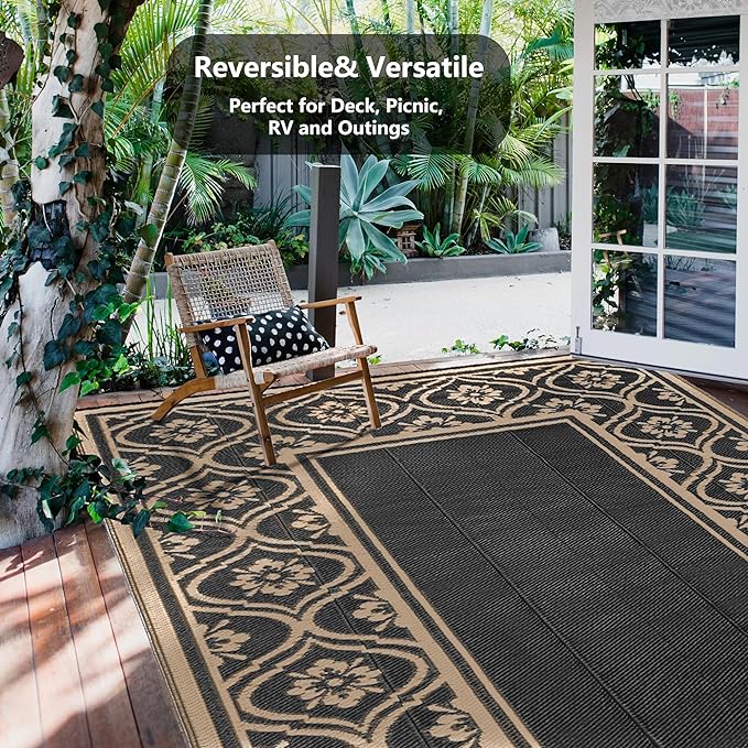Outdoor Rug 9x12 Patio Waterproof Mat Camping Carpet Outside Area Rug Reversible Brown Rugs for RV Deck Entryance Porch Picnic Balcony Beach