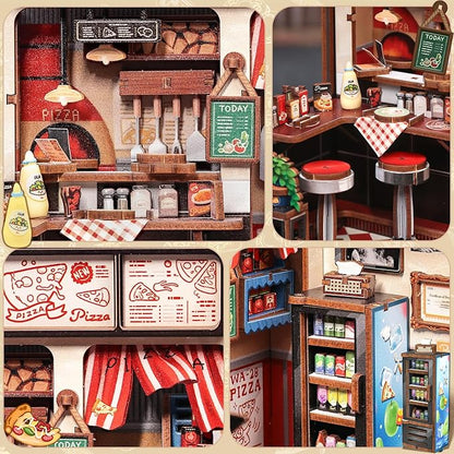 CUTEBEE Book Nook Kit - DIY Miniature House Dollhouse Kit for Adults and Teens, Booknook Tiny House Bookshelf 3D Wooden Puzzle, Gifts for Family (Uncle Joe's Pizzeria)