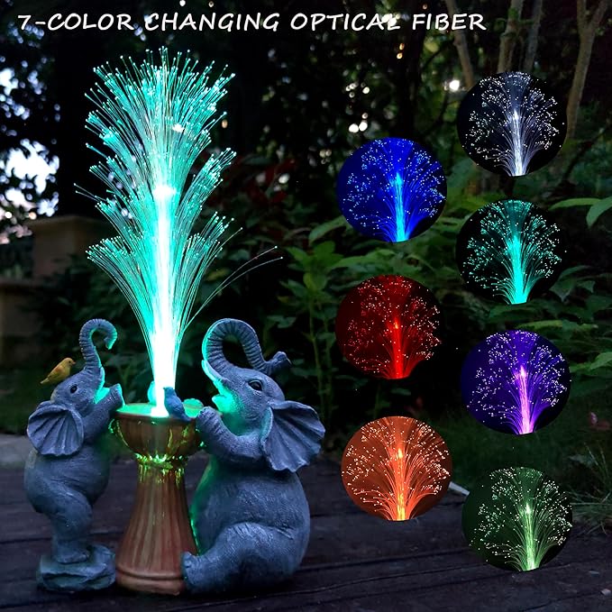 Elephant Statue Solar Garden Decor,Resin Elephant Statue and Colour Changing Optical Fiber Solar Lights,Outdoor Decor for Balcony, Garden, Patio, Yard, Lawn, Gifts for Mom Grandma