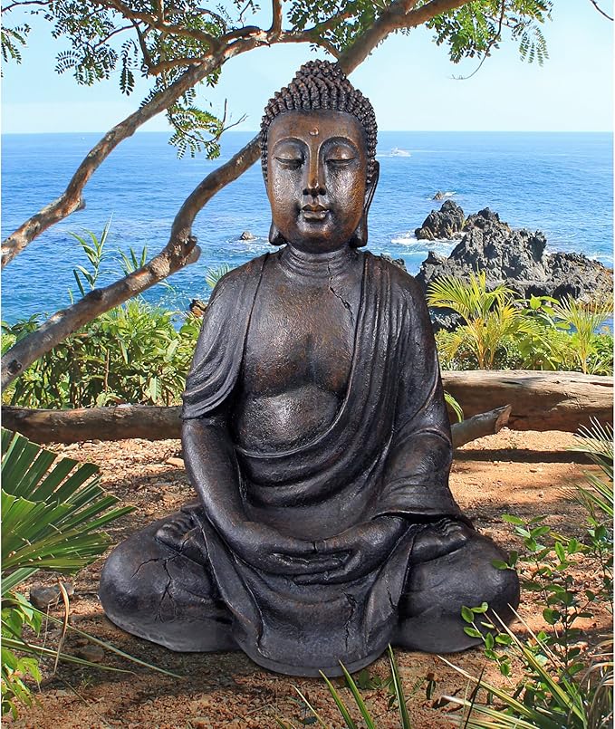 Design Toscano Meditative Asian Decor Grand Temple Indoor/Outdoor Garden Statue, Large, 40 inches tall, Cast Stone Resin, Dark Stone Finish