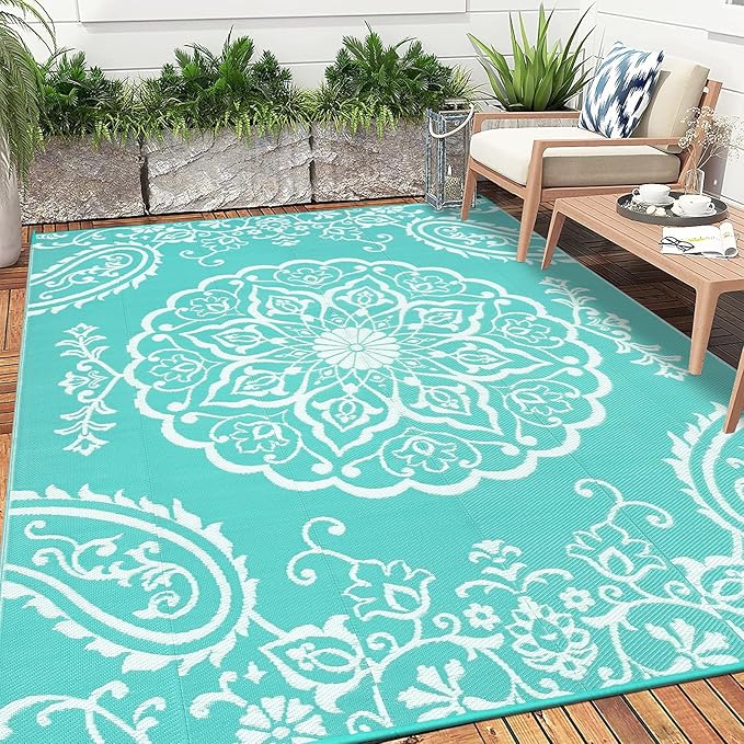 Pauwer Waterproof Outdoor Rug 8x10, Reversible Plastic Straw Patio Camping Rug, Indoor Outdoor RV Mat Carpet for Deck, Camper, Porch, Balcony, Backyard, Picnic, Boho Light Blue