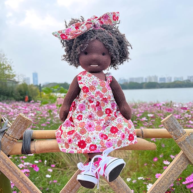 BlissfulPixie Handmade Birthday Present for Girl Black Doll Waldorf Collect Rag Doll with Exquisite Box-Dezi 12"