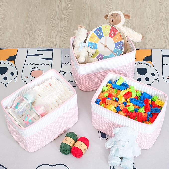 MINTWOOD Design Storage Basket for Shelves, Decorative Baskets for Organizing, Book Basket, Storage Cube Bin Box, Woven Closet Organizer, Pantry Closet and Shoe Basket, Light Pink