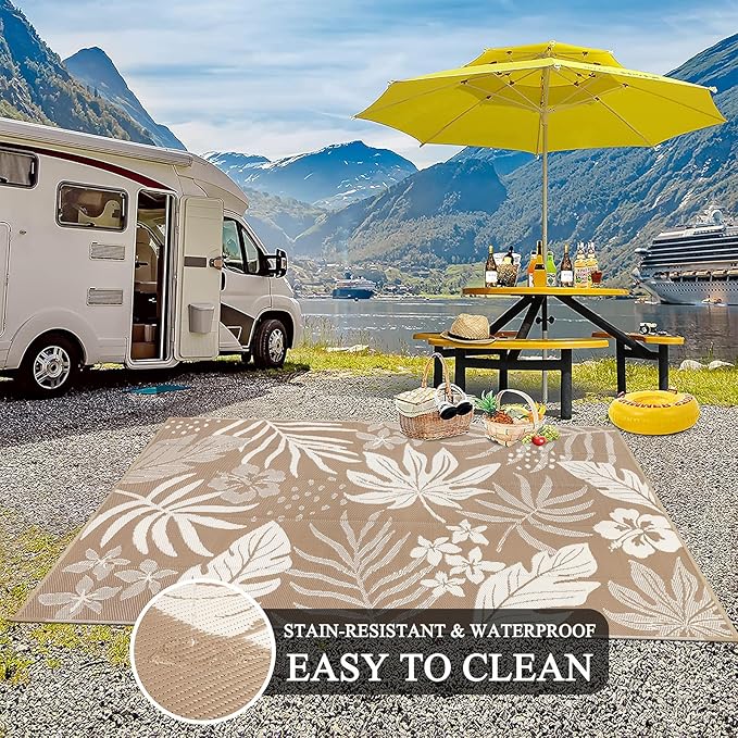 Pauwer Waterproof Outdoor Rug 6x9, Reversible Plastic Straw Patio Camping Rug, Indoor Outdoor RV Mat Carpet for Deck, Camper, Porch, Balcony, Backyard, Picnic, Floral Brown