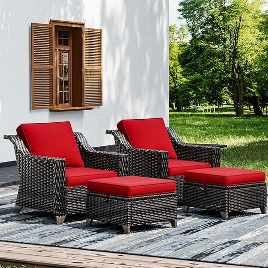 Joyside Wicker Patio Furniture Sets, 4 Pieces Upgraded Large Size Outdoor Furniture with Patio Dining Chairs and Outdoor Ottoman, Thick Cushions, Wide Armrest