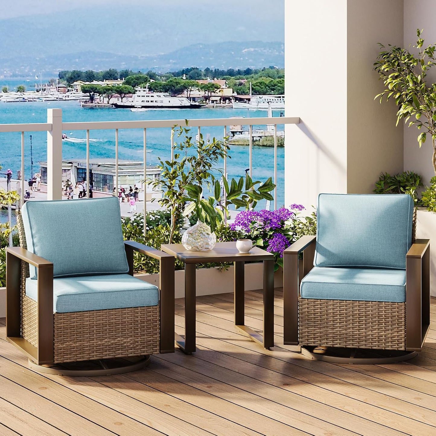 Outdoor Swivel Rocker Metal Chairs Set of 2 with Small Coffee Table - 3 Pieces Patio Bistro Set with Rectangular Framed Wood-Looking Metal Armrest, 360 Degree Glider Chairs, Baby Blue