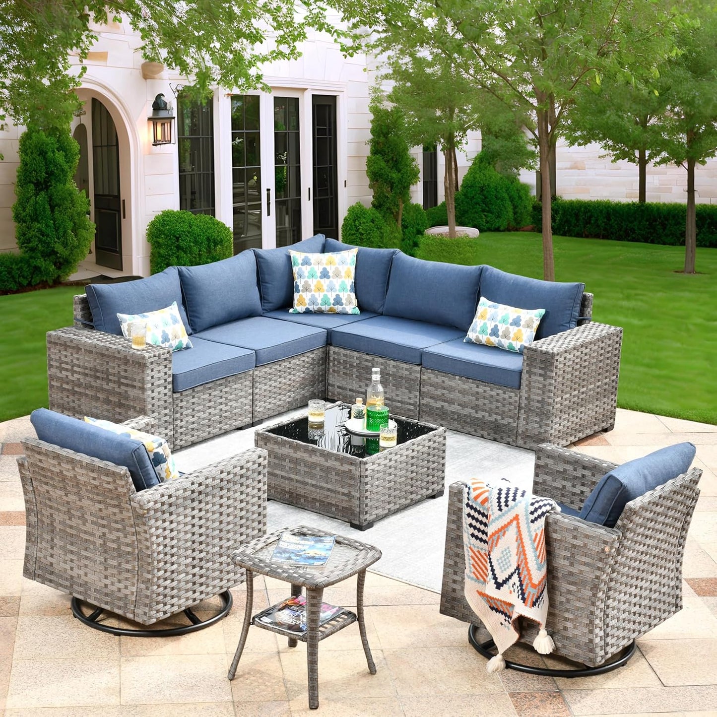ovios 9 Pieces Patio Furniture Set, Outdoor Wicker Sectional Sofa with 2 Swivel Chairs Coffee Table, Modern Modular Deep Seat Rattan Couch Conversation Sets, Denim Blue