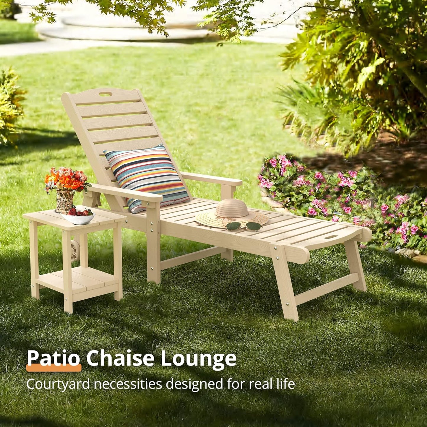 LUE BONA Chaise Lounge Chair with Table, 2-Piece, 79'' Oversized HDPS Chaise Lounger, 5 Positions Adjustable Lounge Chairs, Pool Lounge Chair with Wheels for Poolside, Backyard, 3 Year Warranty, Sand