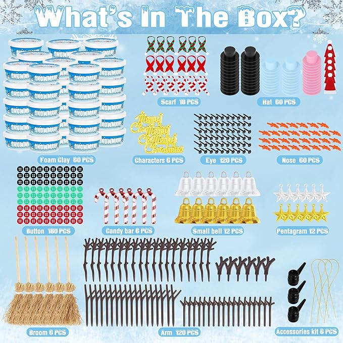 60 Pack Snowman Kit, Christmas Crafts for Kids DIY Kit Bulk, Build a Snowman Set Indoor Decor, Christmas Creative Air Dry Modeling Clay, Xmas Activities Family School Party Snowman Making Supplies