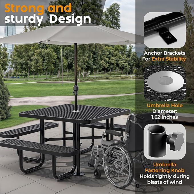 Metal Picnic Tables for Outdoors with Umbrella Hole - Coated Steel Heavy Duty Commercial Grade Table with Adjustable Seats (Black, 46 in, Square, Expanded Steel)