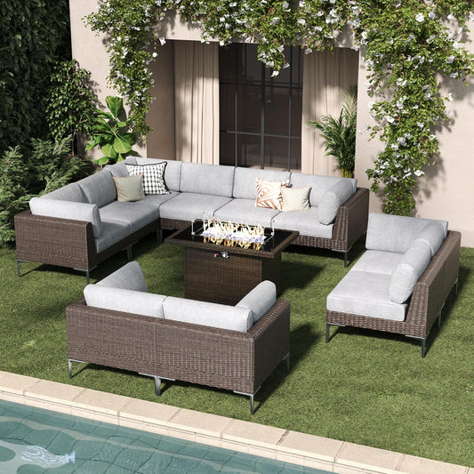 LayinSun 11-Piece Outdoor Modular Wicker Sectional Sofa with Fire Pit Table, Patio Furniture Conversation Set with Deep Seating and Thick Cushions